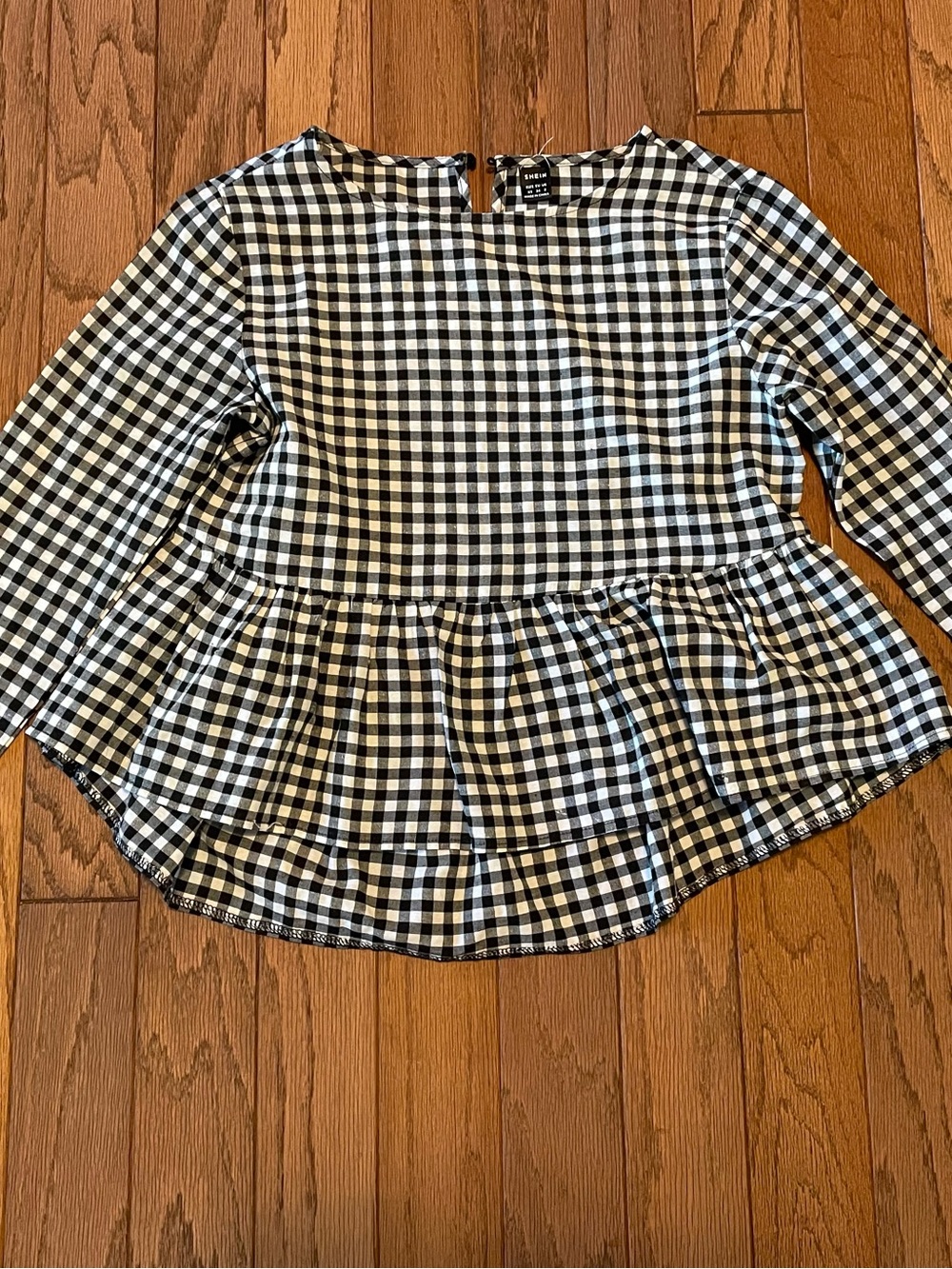SHEIN Black White Gingham Long Sleeve Peplum Top Size XS